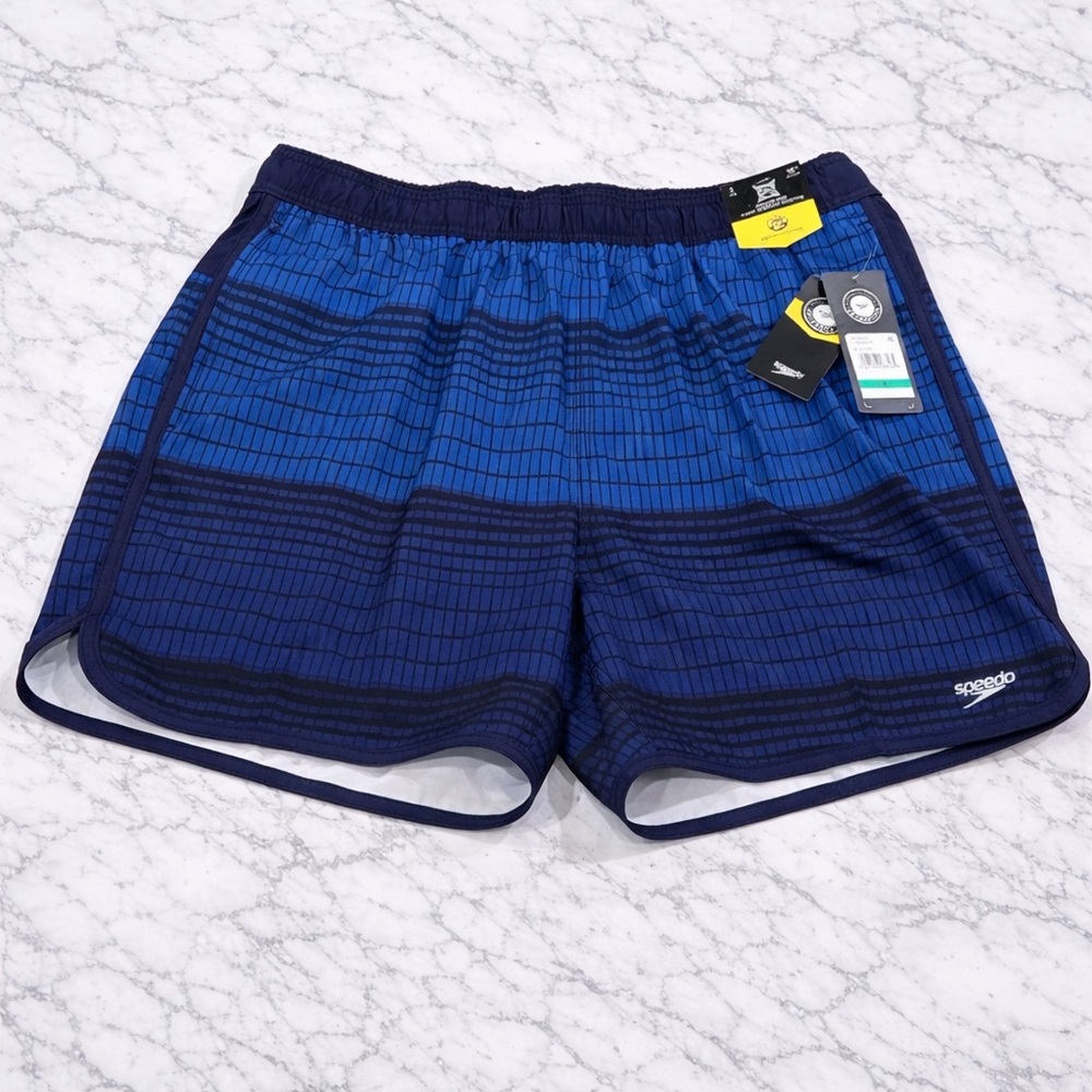 Speedo Blue Grid Print Swim Shorts NWT Quick Dry Athletic Beach L and XL